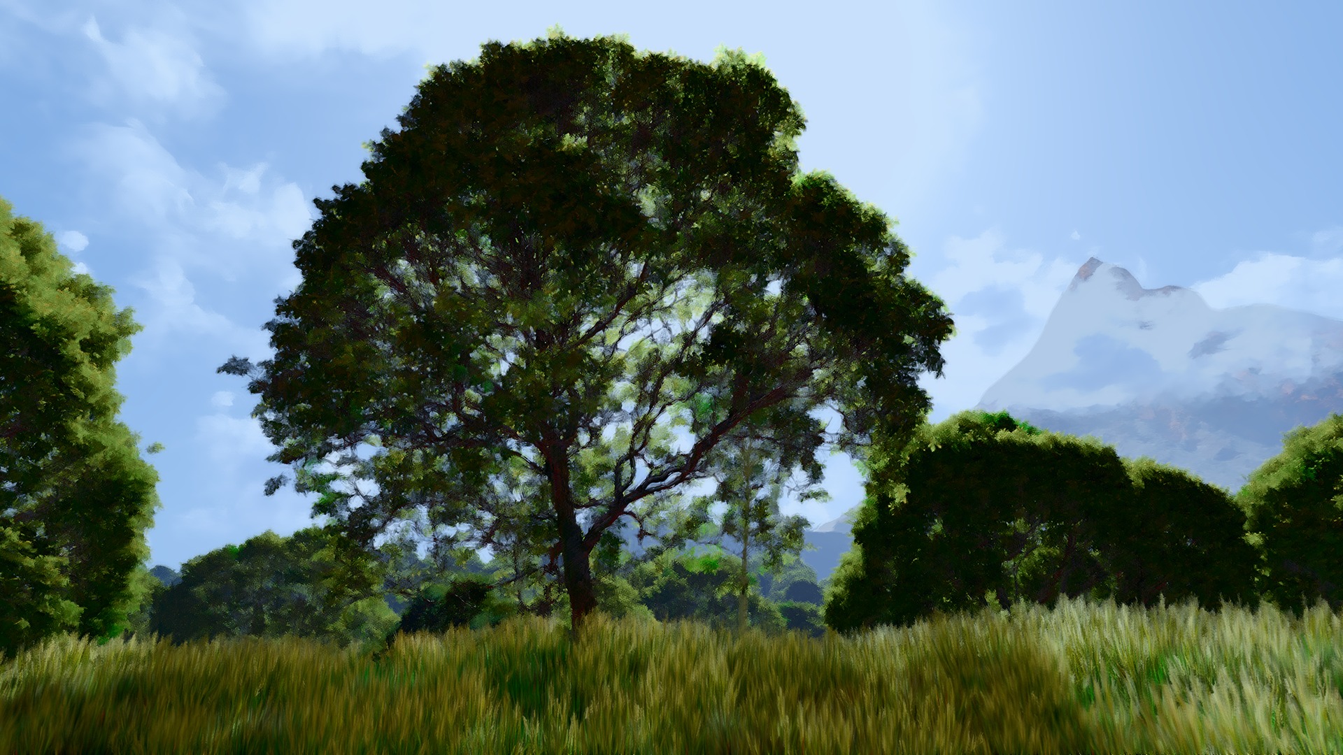 A lone tree in a windswept field beneath a pale blue sky.