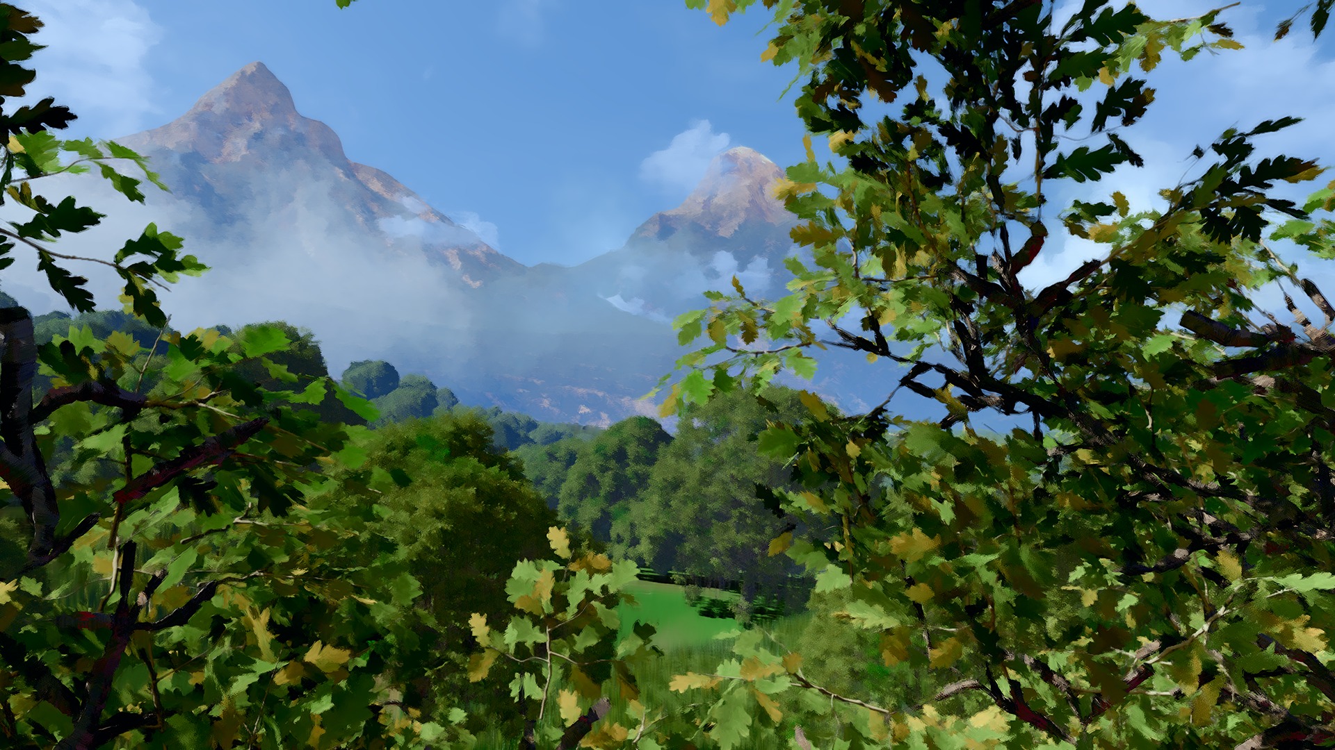 Mountains above a painterly forest and meadow valley.